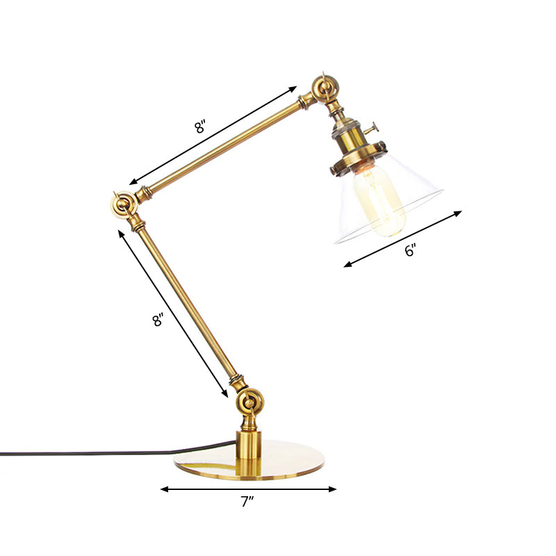 Industrieller Stil konische Tischlampe Amber/Klares Glas und Metall 1 Licht Schlafzimmer Tischlampe mit verstellbarem Arm in Schwarz/Messing