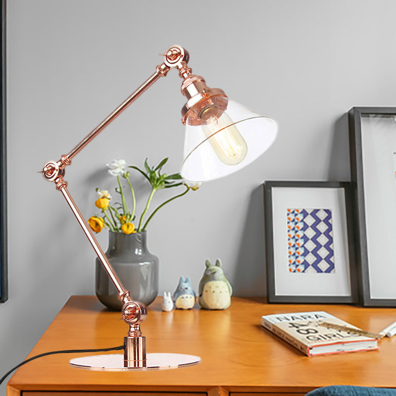 Industrieller Stil konische Tischlampe Amber/Klares Glas und Metall 1 Licht Schlafzimmer Tischlampe mit verstellbarem Arm in Schwarz/Messing