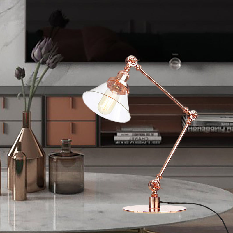 Industrieller Stil konische Tischlampe Amber/Klares Glas und Metall 1 Licht Schlafzimmer Tischlampe mit verstellbarem Arm in Schwarz/Messing