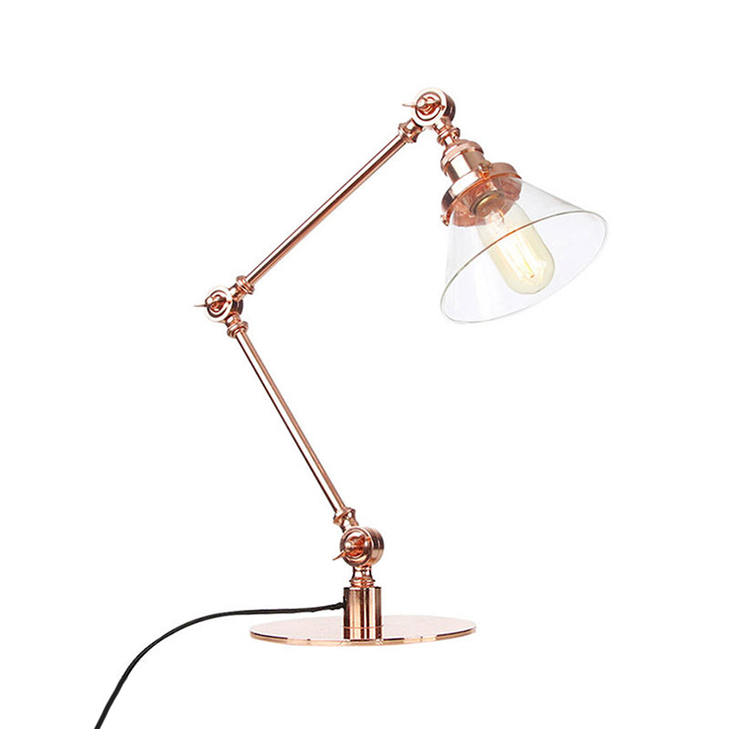 Industrieller Stil konische Tischlampe Amber/Klares Glas und Metall 1 Licht Schlafzimmer Tischlampe mit verstellbarem Arm in Schwarz/Messing