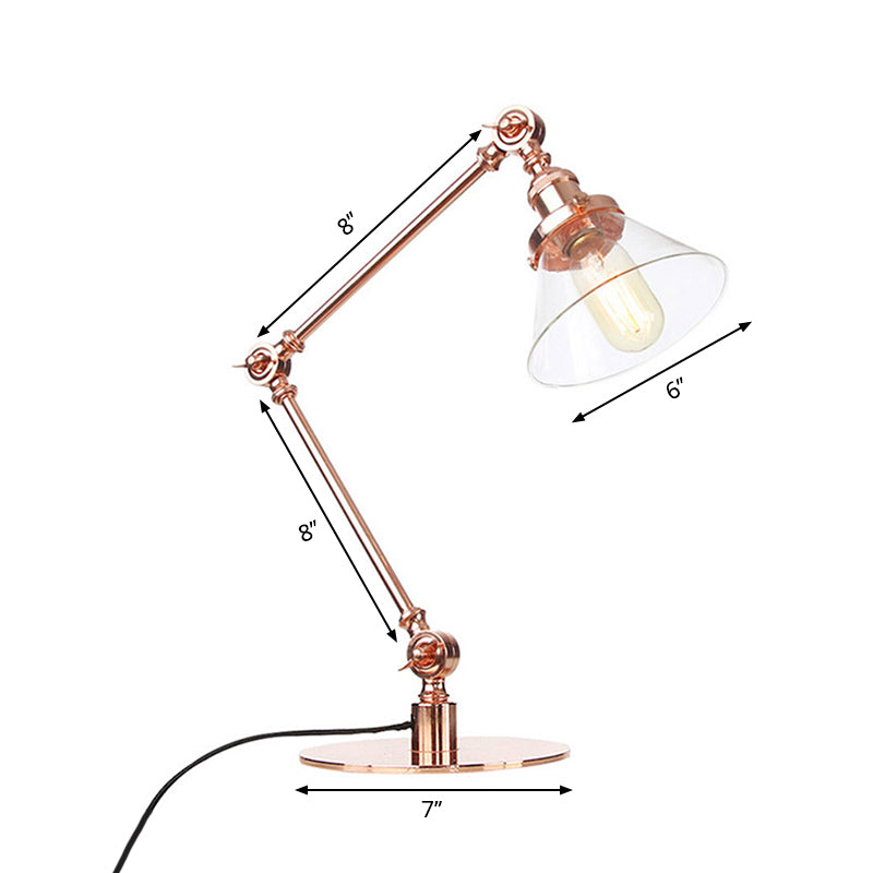 Industrieller Stil konische Tischlampe Amber/Klares Glas und Metall 1 Licht Schlafzimmer Tischlampe mit verstellbarem Arm in Schwarz/Messing
