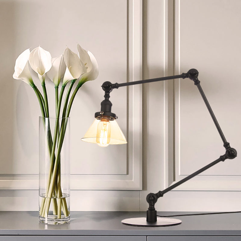 Industrieller Stil konische Tischlampe Amber/Klares Glas und Metall 1 Licht Schlafzimmer Tischlampe mit verstellbarem Arm in Schwarz/Messing