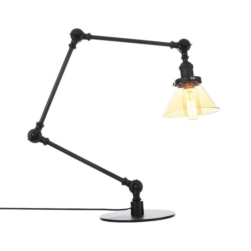 Industrieller Stil konische Tischlampe Amber/Klares Glas und Metall 1 Licht Schlafzimmer Tischlampe mit verstellbarem Arm in Schwarz/Messing