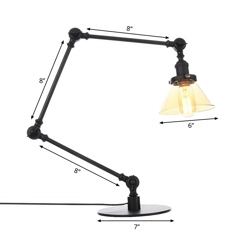 Industrieller Stil konische Tischlampe Amber/Klares Glas und Metall 1 Licht Schlafzimmer Tischlampe mit verstellbarem Arm in Schwarz/Messing