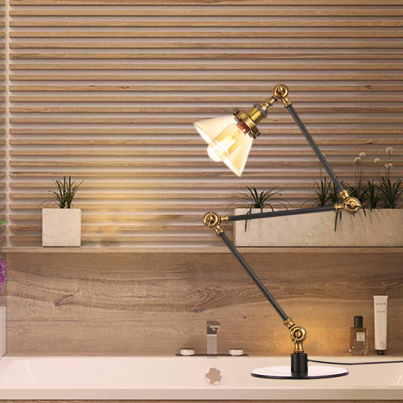 Industrieller Stil konische Tischlampe Amber/Klares Glas und Metall 1 Licht Schlafzimmer Tischlampe mit verstellbarem Arm in Schwarz/Messing