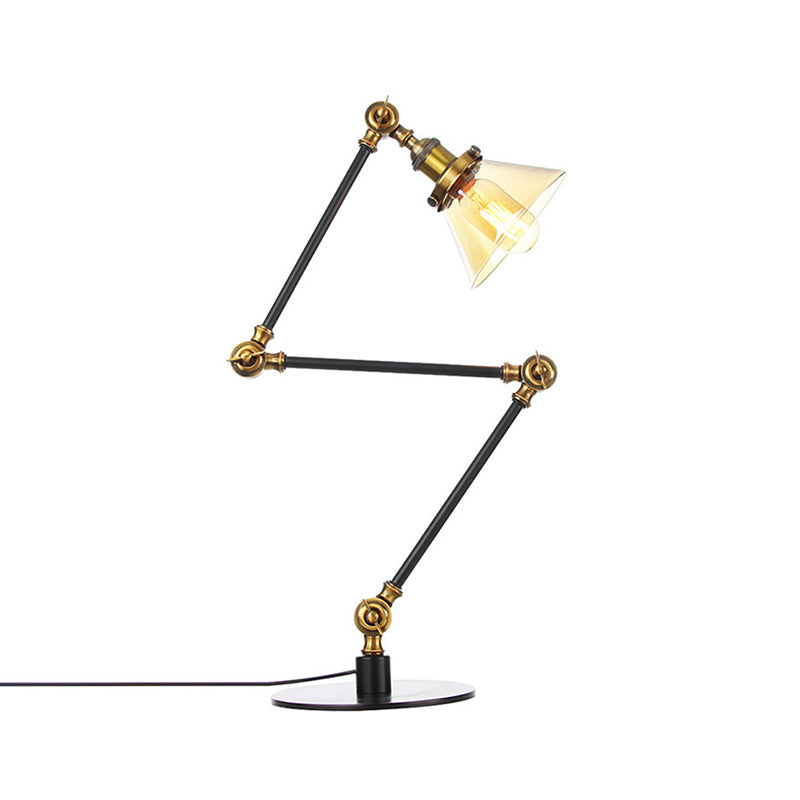Industrieller Stil konische Tischlampe Amber/Klares Glas und Metall 1 Licht Schlafzimmer Tischlampe mit verstellbarem Arm in Schwarz/Messing