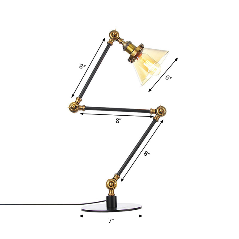 Industrieller Stil konische Tischlampe Amber/Klares Glas und Metall 1 Licht Schlafzimmer Tischlampe mit verstellbarem Arm in Schwarz/Messing
