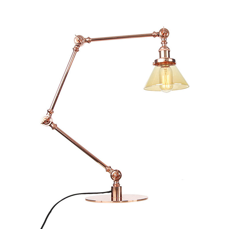 Industrieller Stil konische Tischlampe Amber/Klares Glas und Metall 1 Licht Schlafzimmer Tischlampe mit verstellbarem Arm in Schwarz/Messing