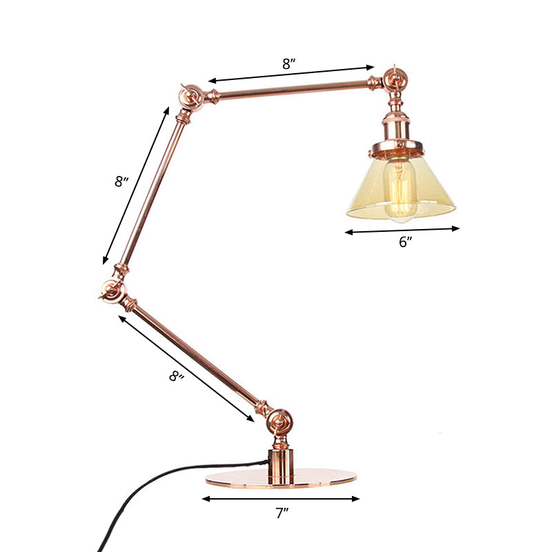 Industrieller Stil konische Tischlampe Amber/Klares Glas und Metall 1 Licht Schlafzimmer Tischlampe mit verstellbarem Arm in Schwarz/Messing