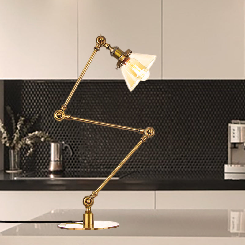 Industrieller Stil konische Tischlampe Amber/Klares Glas und Metall 1 Licht Schlafzimmer Tischlampe mit verstellbarem Arm in Schwarz/Messing
