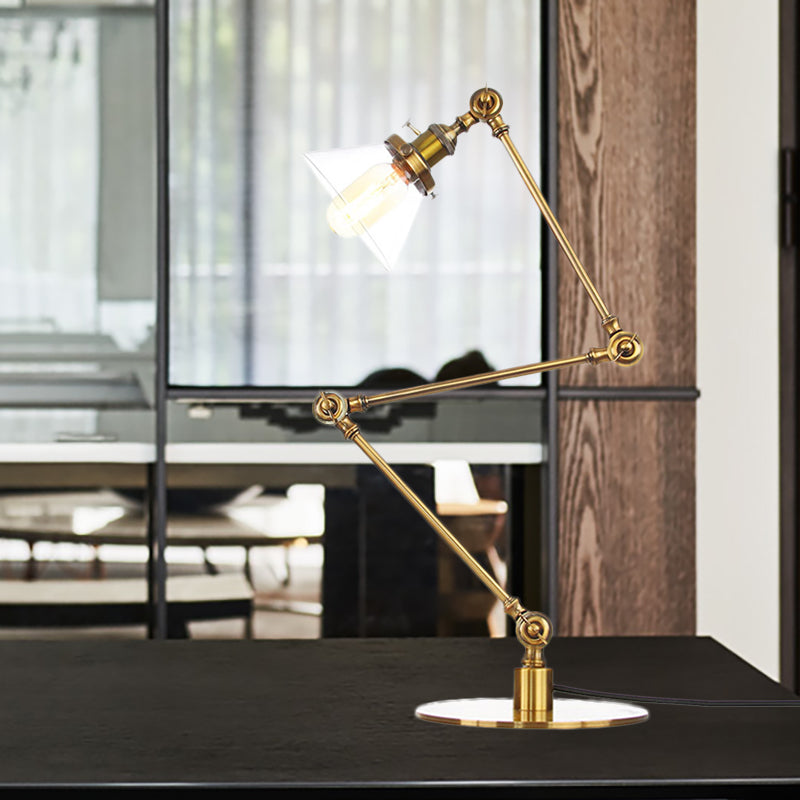 Industrieller Stil konische Tischlampe Amber/Klares Glas und Metall 1 Licht Schlafzimmer Tischlampe mit verstellbarem Arm in Schwarz/Messing