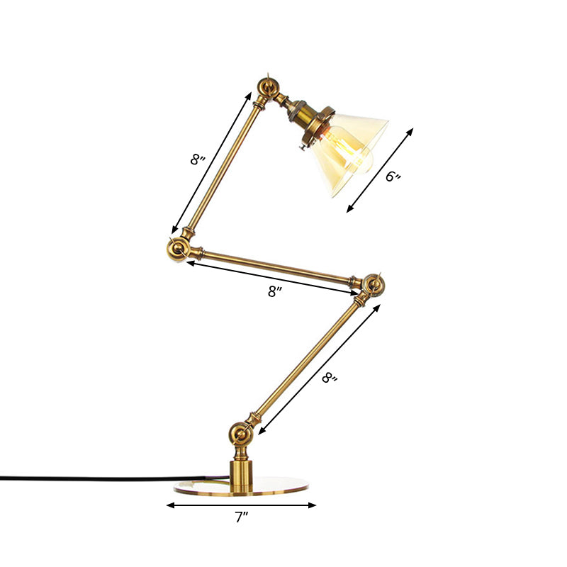 Industrieller Stil konische Tischlampe Amber/Klares Glas und Metall 1 Licht Schlafzimmer Tischlampe mit verstellbarem Arm in Schwarz/Messing