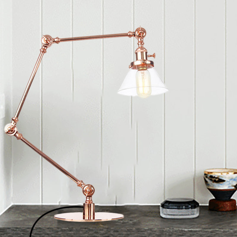 Industrieller Stil konische Tischlampe Amber/Klares Glas und Metall 1 Licht Schlafzimmer Tischlampe mit verstellbarem Arm in Schwarz/Messing