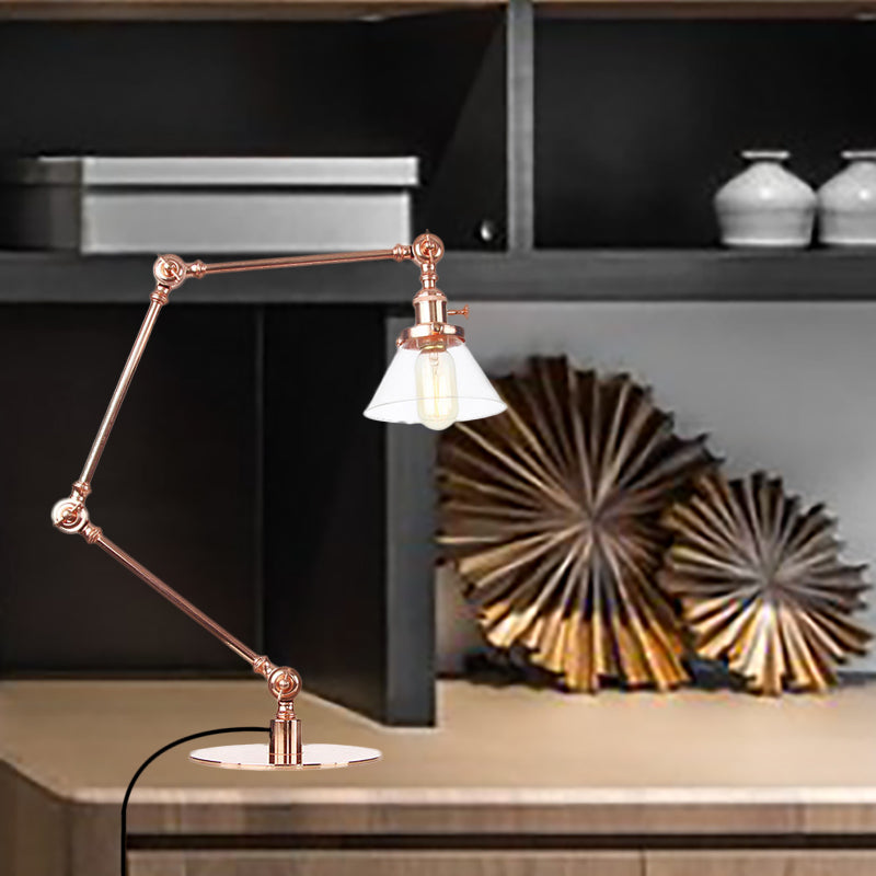 Industrieller Stil konische Tischlampe Amber/Klares Glas und Metall 1 Licht Schlafzimmer Tischlampe mit verstellbarem Arm in Schwarz/Messing