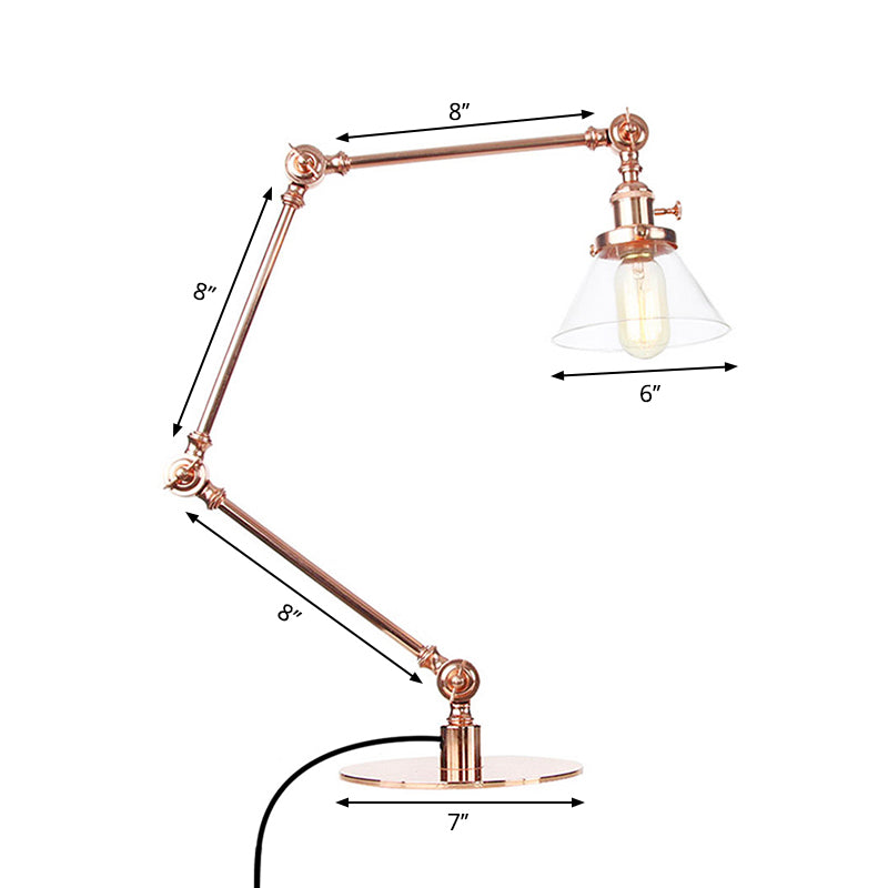 Industrieller Stil konische Tischlampe Amber/Klares Glas und Metall 1 Licht Schlafzimmer Tischlampe mit verstellbarem Arm in Schwarz/Messing