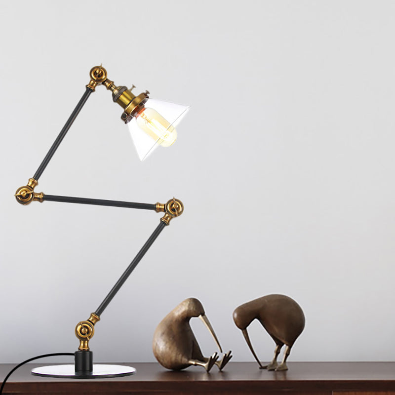 Industrieller Stil konische Tischlampe Amber/Klares Glas und Metall 1 Licht Schlafzimmer Tischlampe mit verstellbarem Arm in Schwarz/Messing