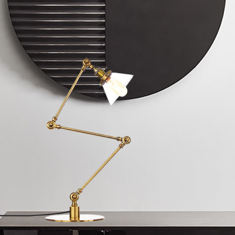 Industrieller Stil konische Tischlampe Amber/Klares Glas und Metall 1 Licht Schlafzimmer Tischlampe mit verstellbarem Arm in Schwarz/Messing