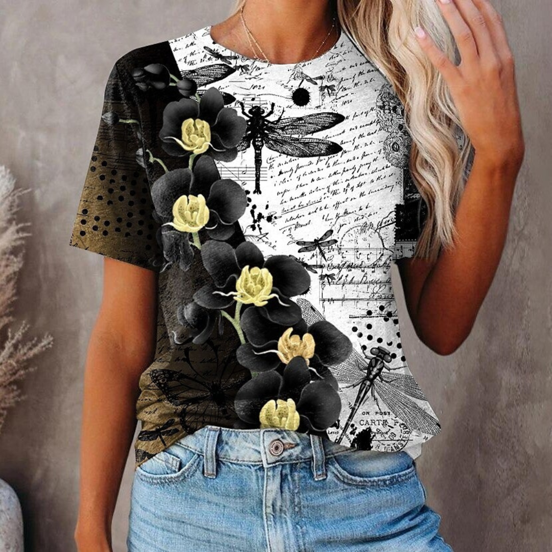 T-Shirt mit geblümtem Schmetterling und Rundhalsausschnitt