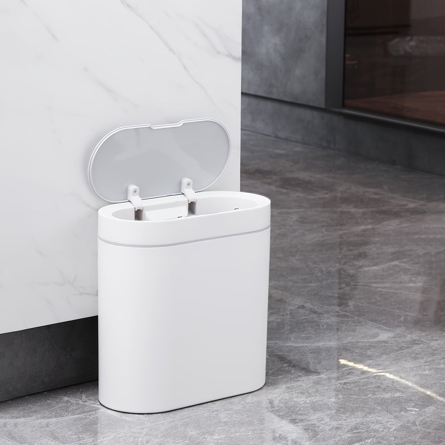 2,5 Gallonen schlanker automatischer Badezimmer-Mülleimer – wasserdichter Bewegungssensor, 9,5 l Fassungsvermögen, schmales Design für Schlafzimmer, Büro und kleine Räume