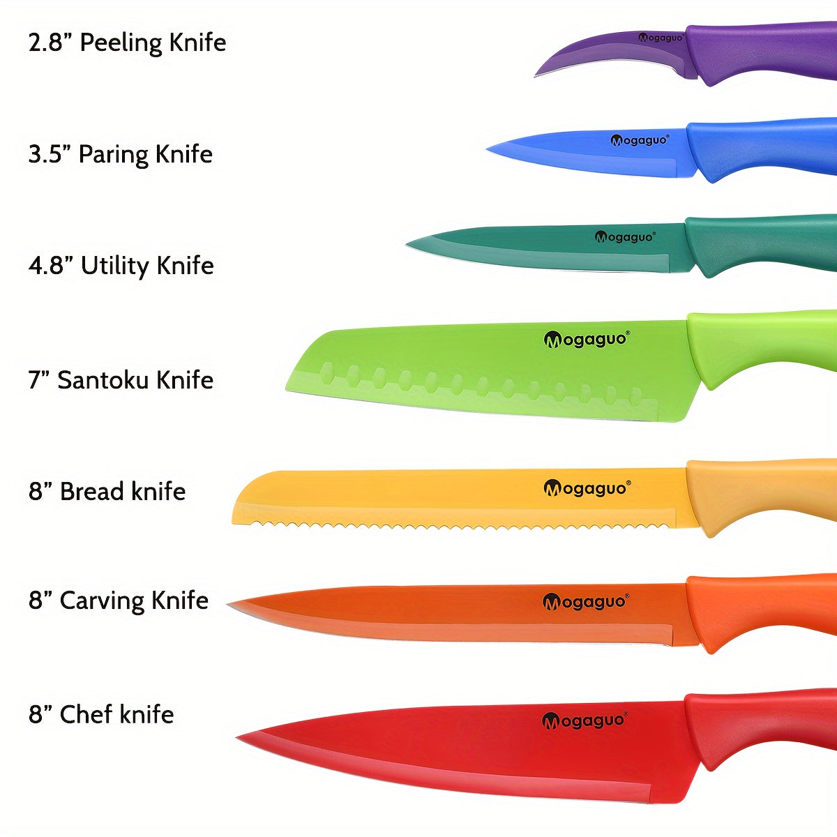 14-teiliges Regenbogen-Küchenmesser-Set – Scharfe rostfreie Stahlmesser, spülmaschinenfest, professionelle Messer mit Scheiden und Klingenschutz, antihaftbeschichtet