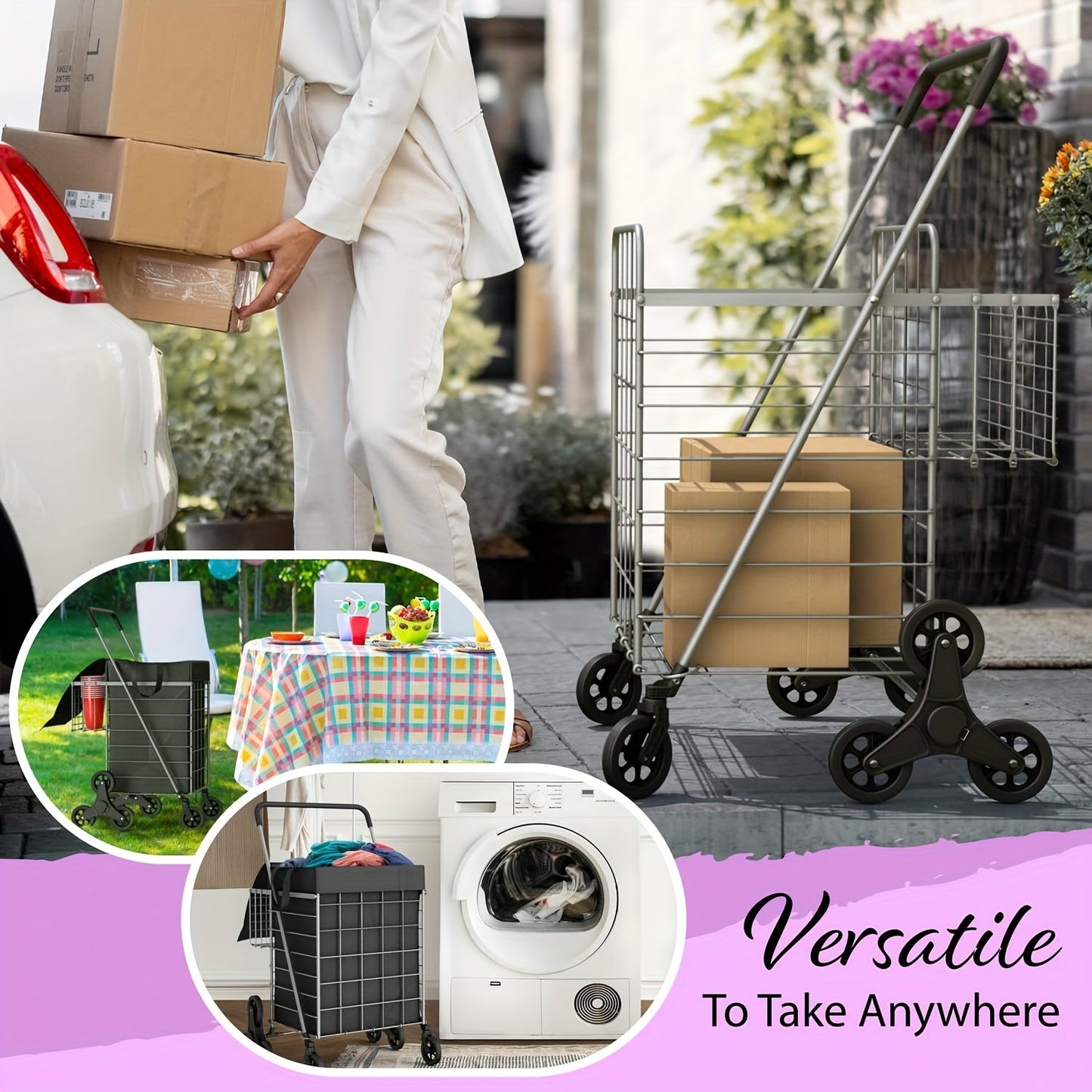 Lifetime Appliance Parts Treppensteigender Einkaufswagen – Tragbar, faltbar mit wasserdichtem Korbinsatz und 360° drehbaren Rädern für Lebensmittel und Wäsche