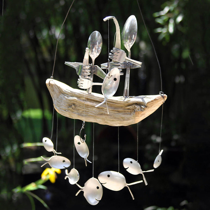Löffel Fischen Mann Skulptur Windspiel