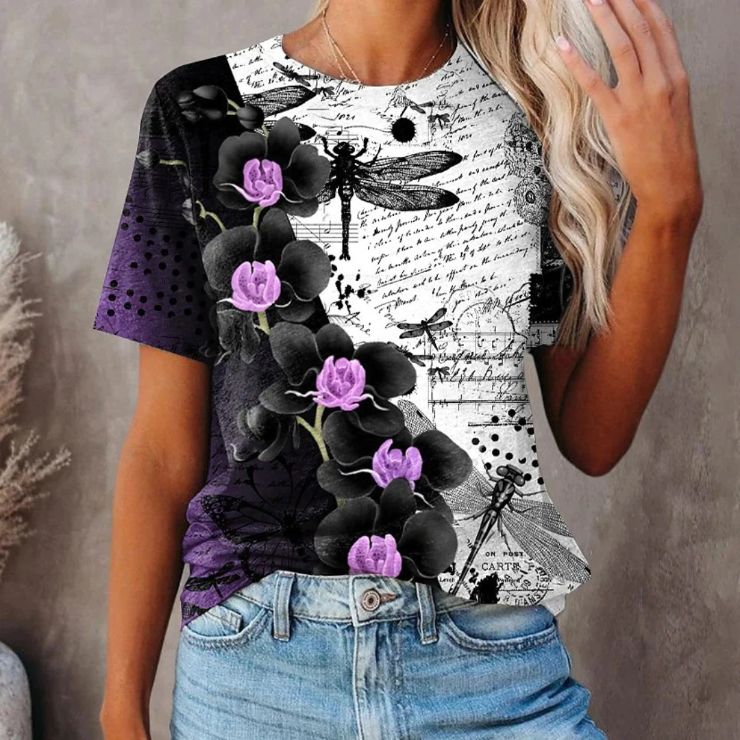 T-Shirt mit geblümtem Schmetterling und Rundhalsausschnitt