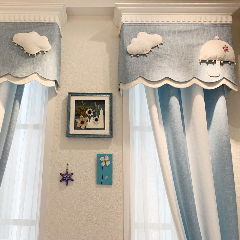 Schlichter, leichter, luxuriöser Chenille-Vorhang aus Wolkengarn für Kinderzimmer, blau-weiß gestreift
