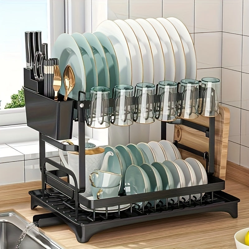 2-Tier Große Edelstahl Geschirr Trocken Rack mit Abtropfbrett – Schwarzer Geschirrständer für Küchentheke – Inklusive Platz für Geschirr, Messer, Tassen, Schneidebrett