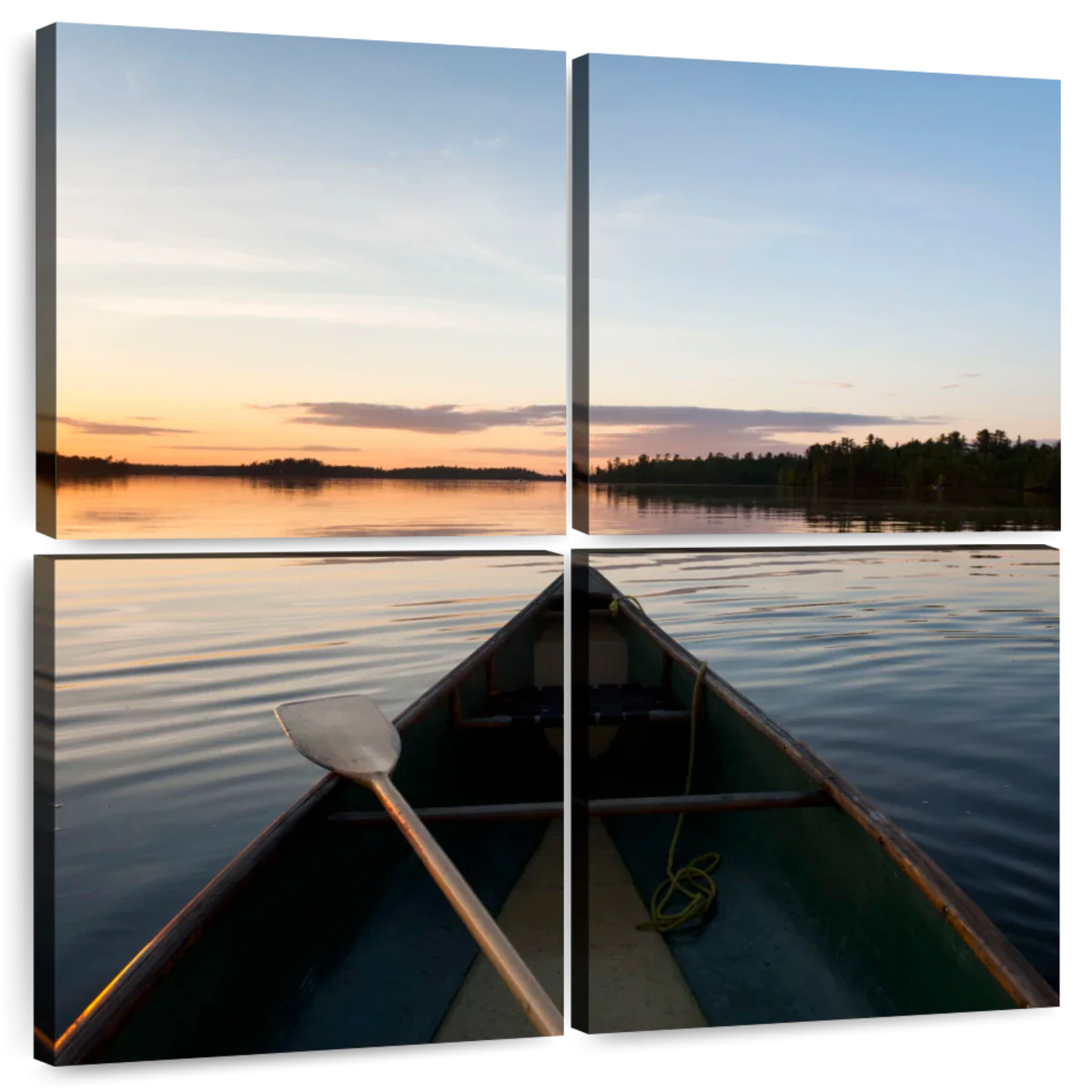 Sandsberg | Boot und Paddel an einem ruhigen See bei Sonnenuntergang Wandkunst