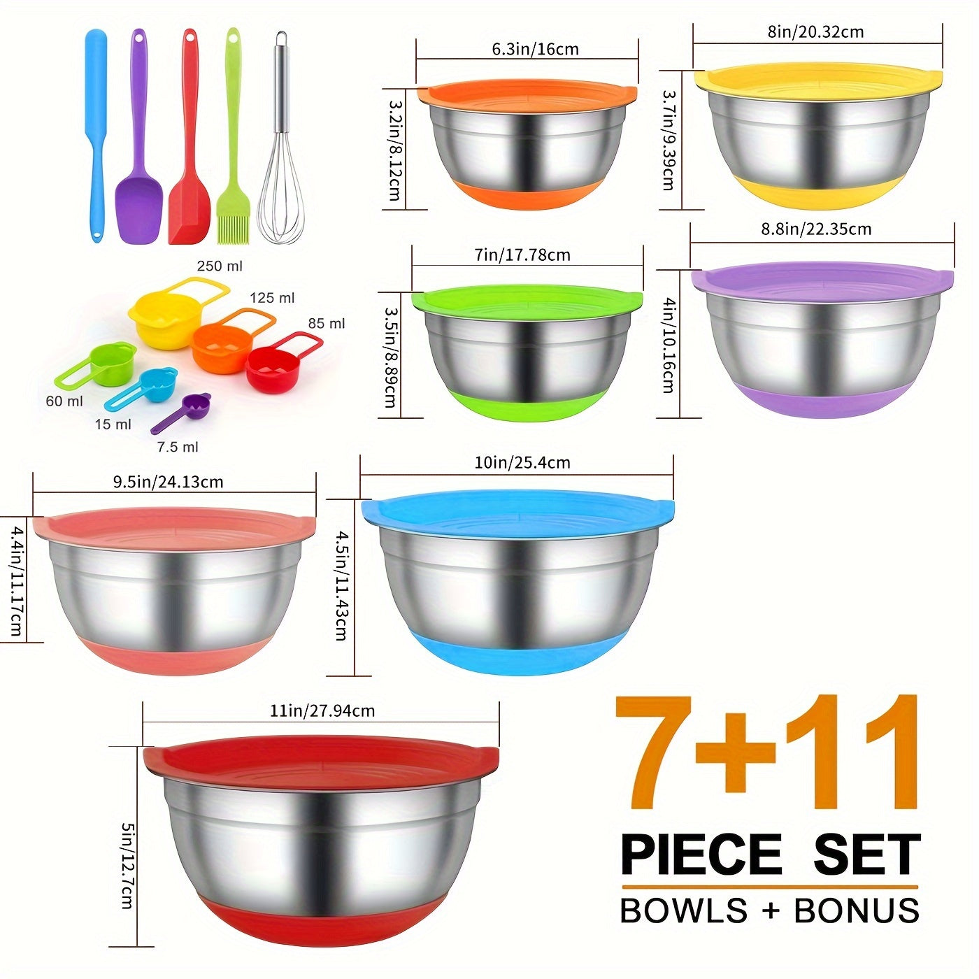 18-teiliges Set aus Edelstahl-Rührschüsseln – Airtight-Deckel, rutschfester Silikonboden, farbenfroh, langlebig, leicht zu lagern, ideal zum Mischen, Servieren und Lagern