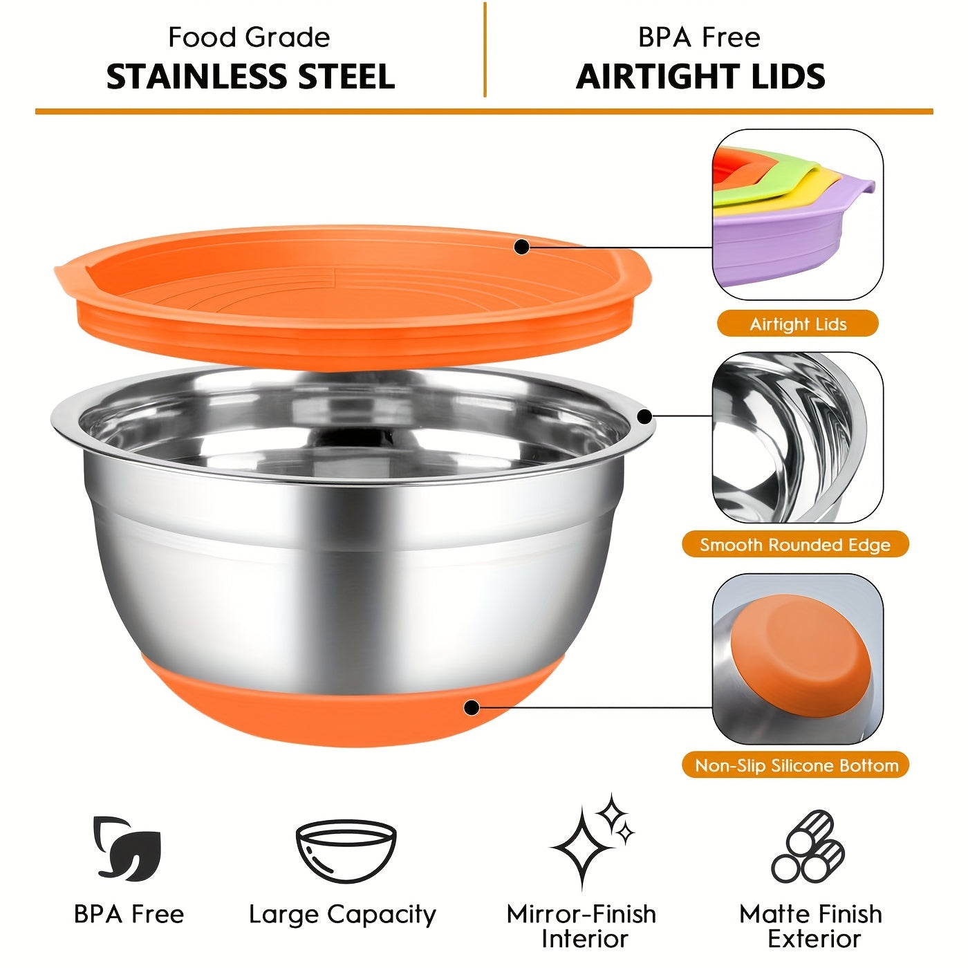 18-teiliges Set aus Edelstahl-Rührschüsseln – Airtight-Deckel, rutschfester Silikonboden, farbenfroh, langlebig, leicht zu lagern, ideal zum Mischen, Servieren und Lagern