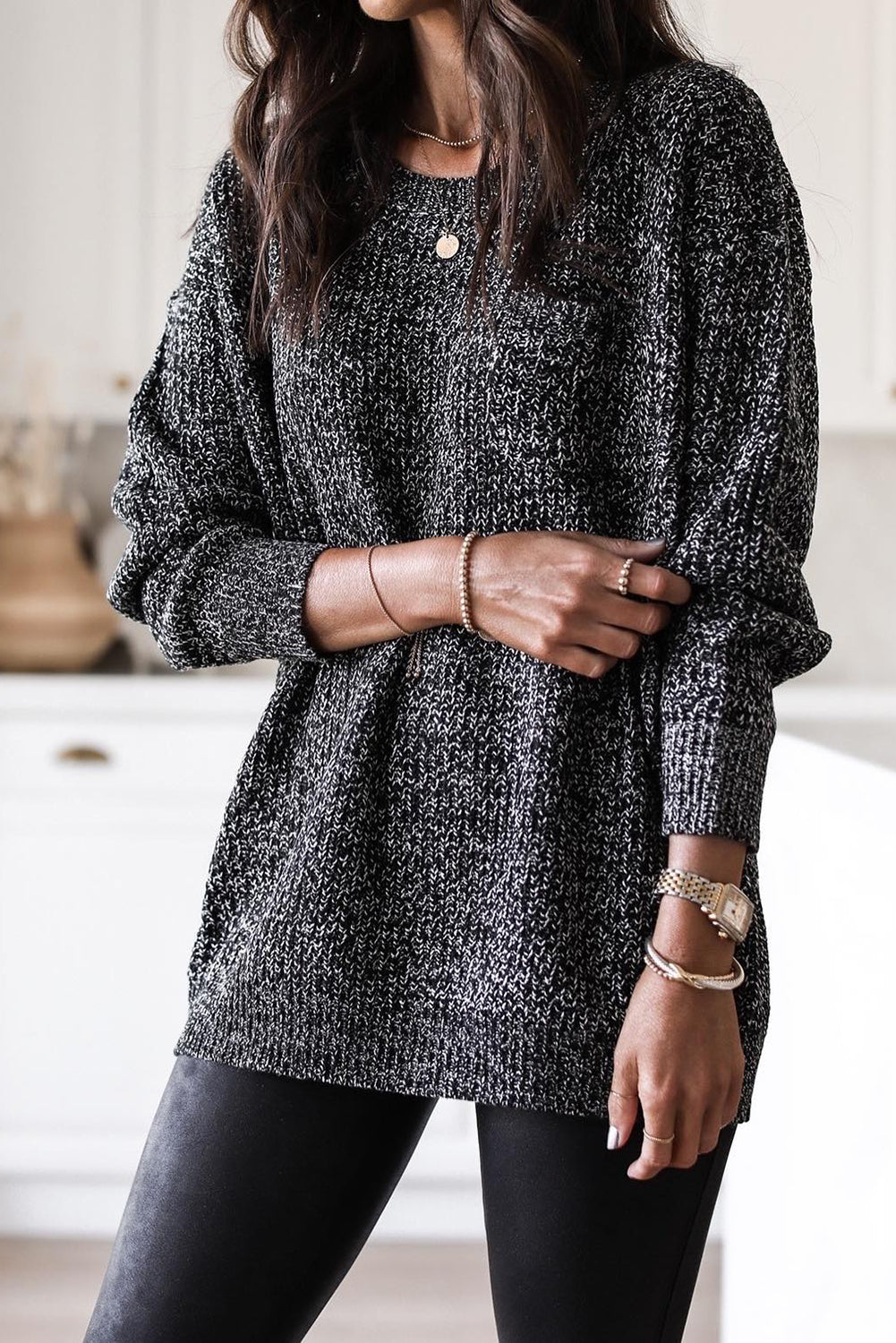 Schwarzer gemischter Muster Langarm-Tunika Pullover