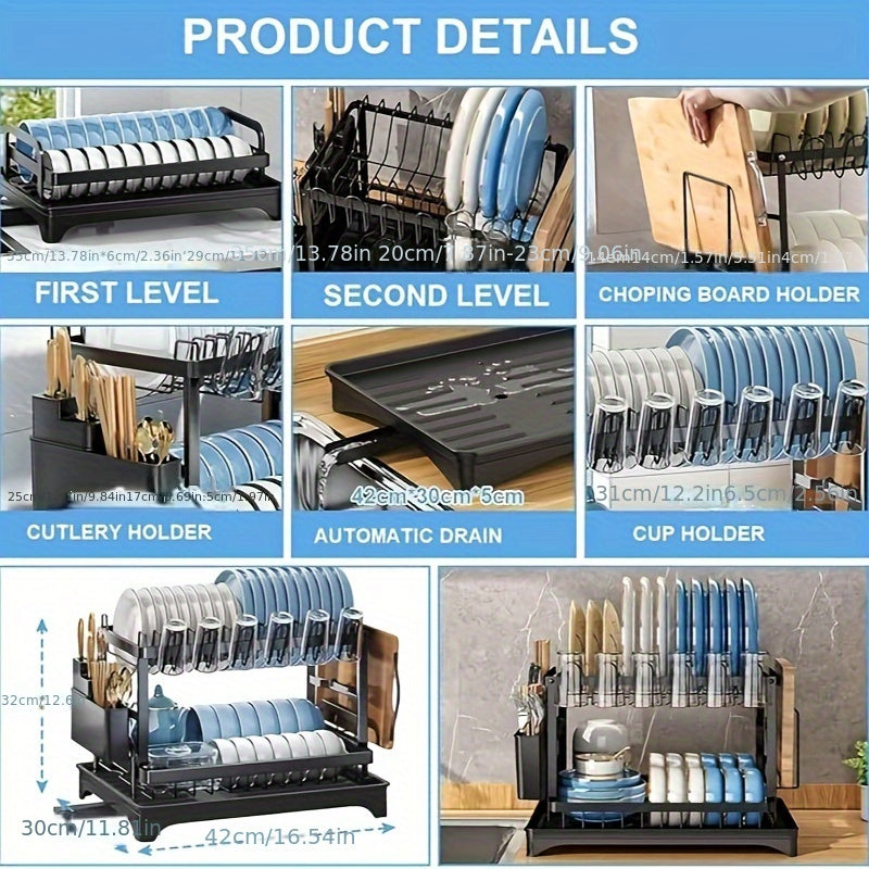 2-Tier Große Edelstahl Geschirr Trocken Rack mit Abtropfbrett – Schwarzer Geschirrständer für Küchentheke – Inklusive Platz für Geschirr, Messer, Tassen, Schneidebrett