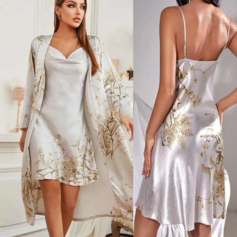 SatinDreams Kimono Set - Elegante Blumen Nachtmode
