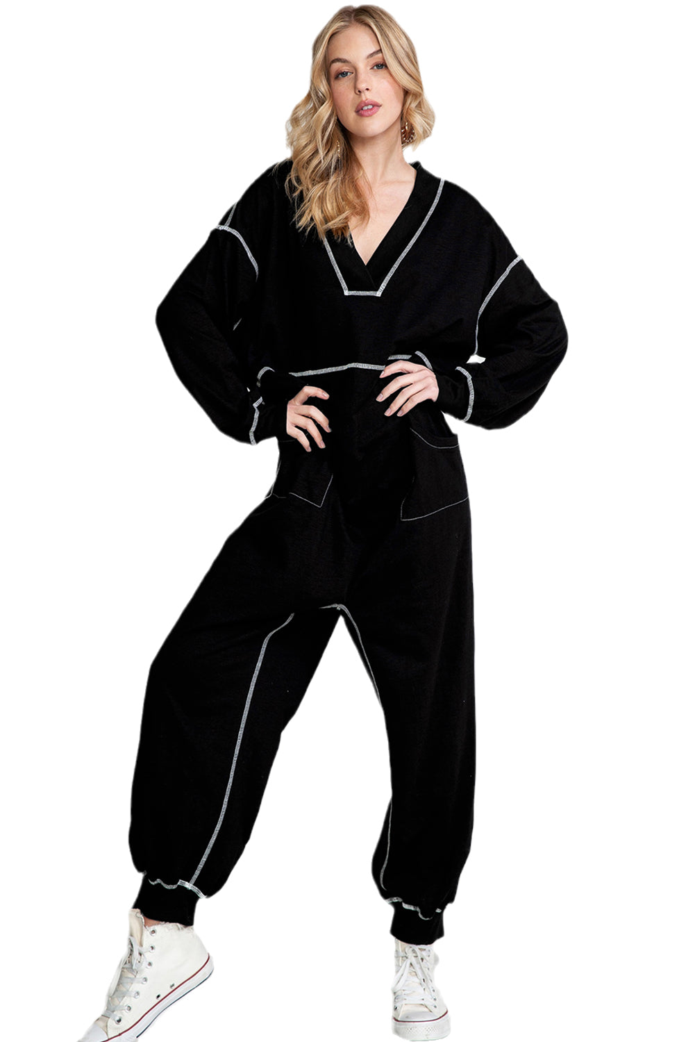 Schwarzer Exponierter Naht Übergroßer Drop Waist Jumpsuit