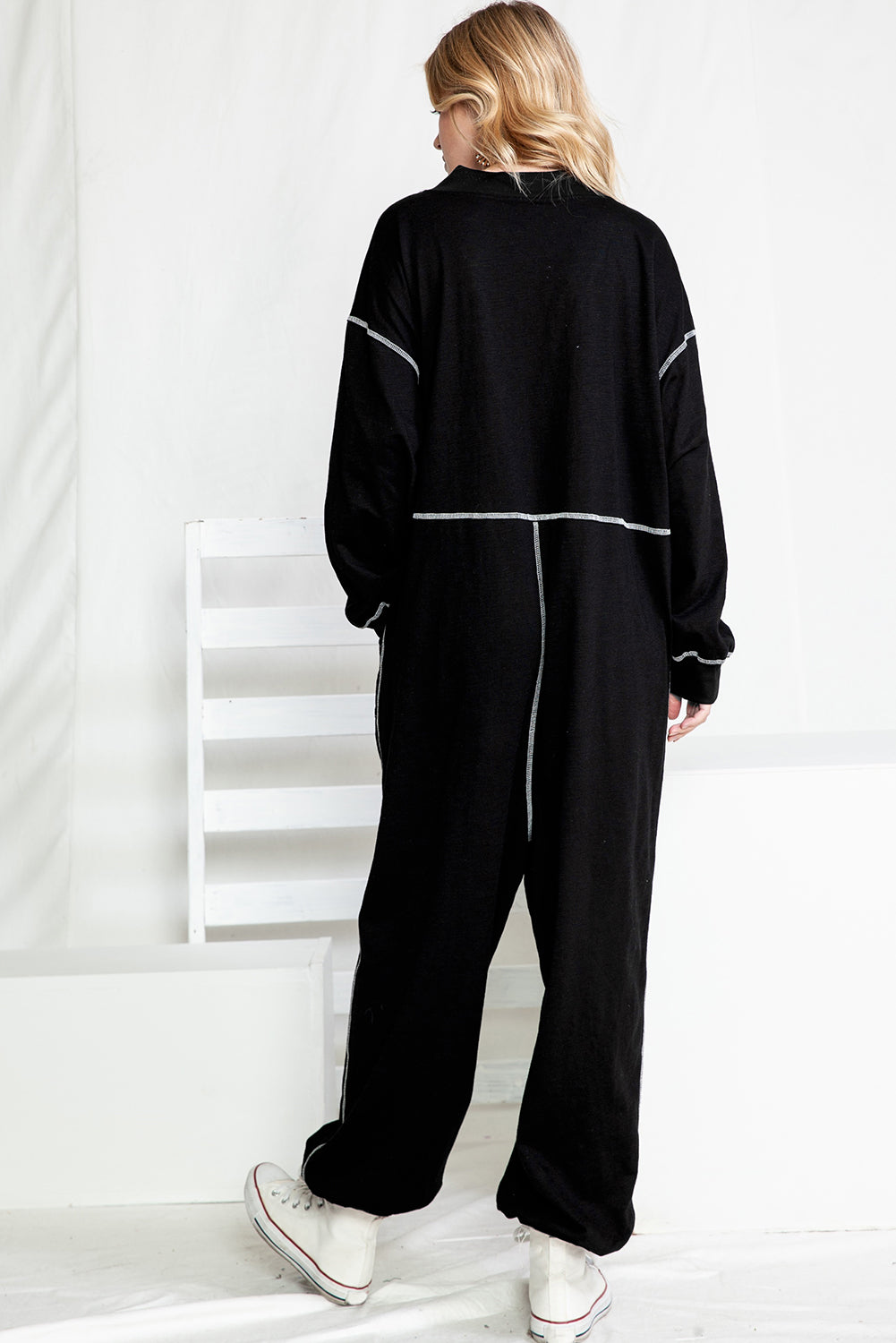 Schwarzer Exponierter Naht Übergroßer Drop Waist Jumpsuit