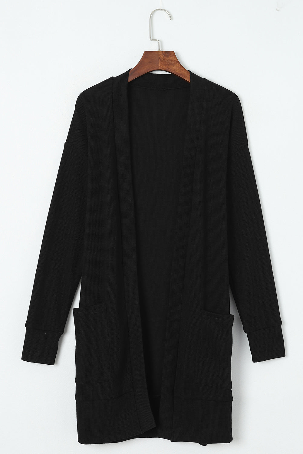 Schwarzer gerippter Strick cardigan mit offenen Vorderseite und Taschen