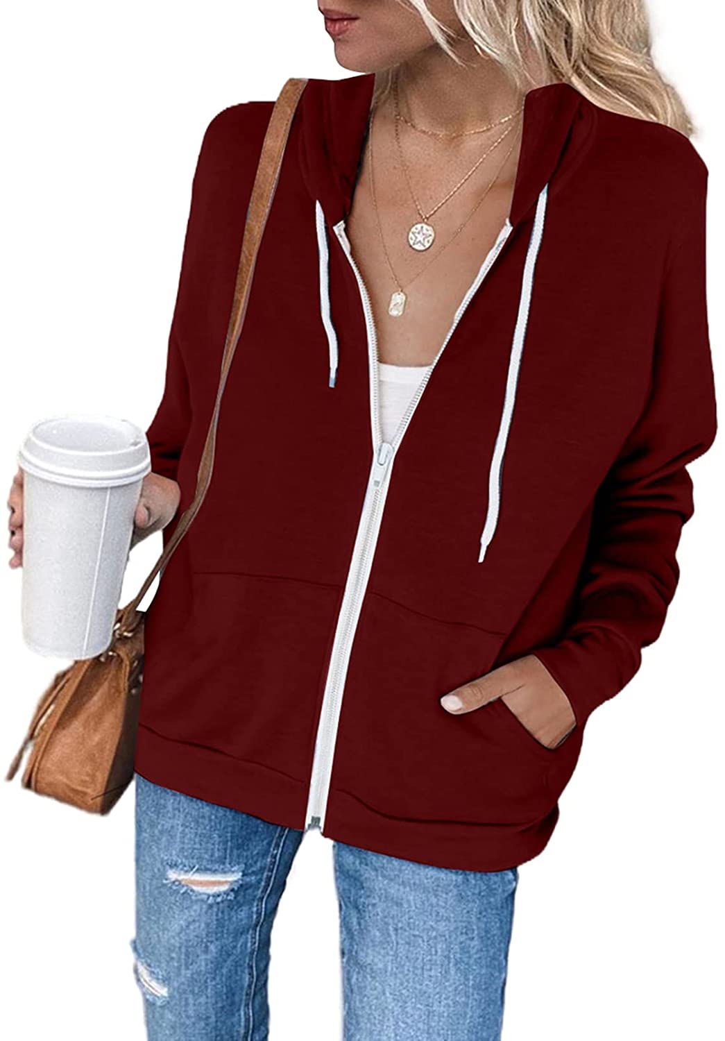 Damen Freizeit Langarm Zip-Up Kapuzenpullover