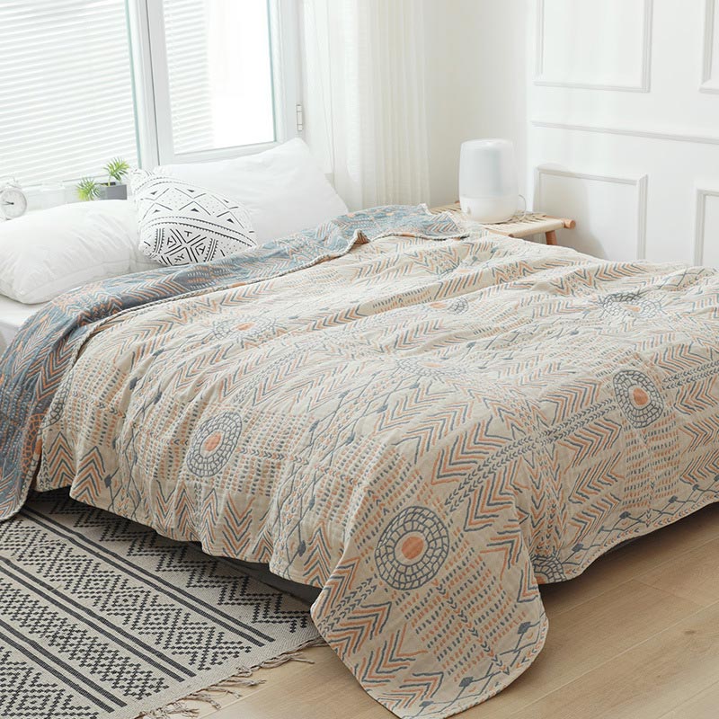 Boho-Steppdecke aus gestreifter Baumwolle, wendbares Sofatuch