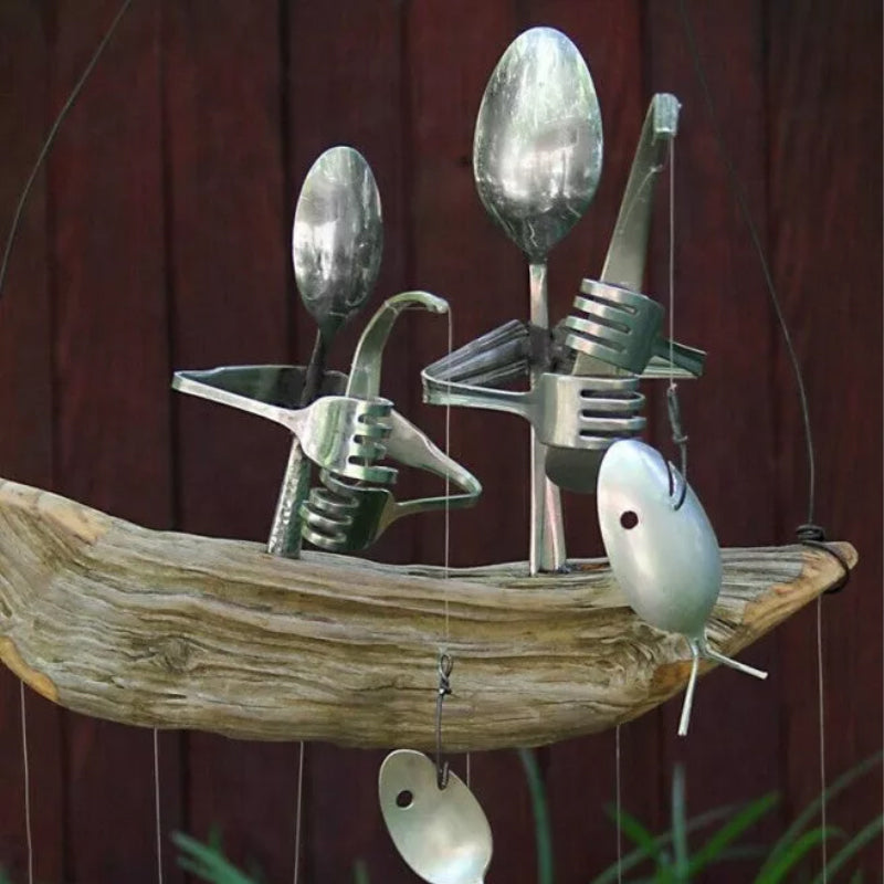 Löffel Fischen Mann Skulptur Windspiel