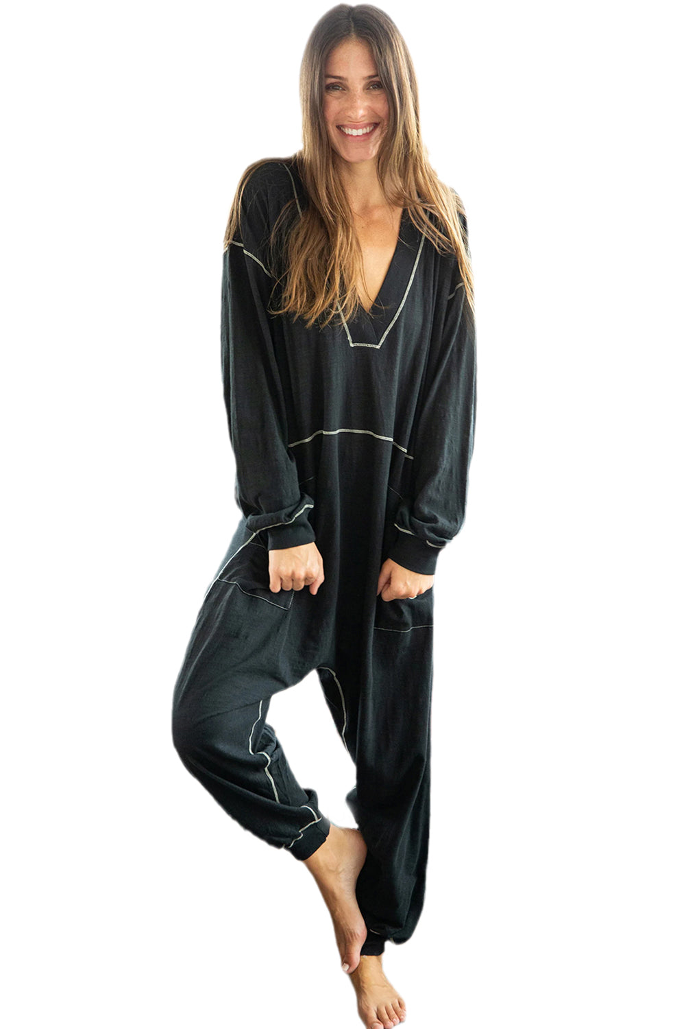 Schwarzer Exponierter Naht Übergroßer Drop Waist Jumpsuit