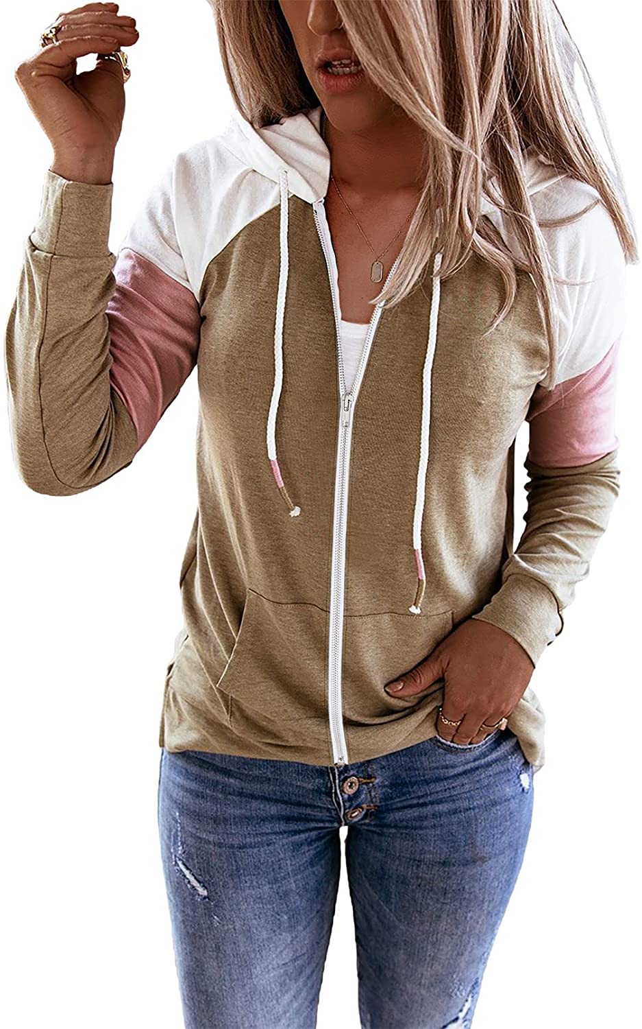 Damen Freizeit Langarm Zip-Up Kapuzenpullover