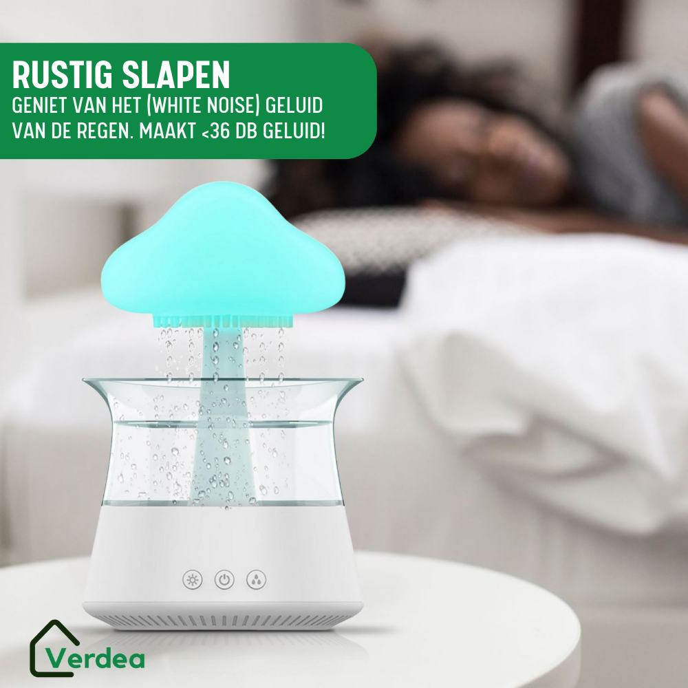 4-in-1 Regentropfen-Befeuchter | Aroma-Diffusor + Ätherisches Öl (Eukalyptus) + Fernbedienung | Weißes Rauschgerät | Schlaftrainer