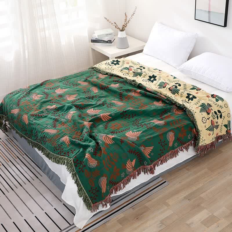 Boho Atmungsaktive Wendedecke mit Blumen und Vögeln