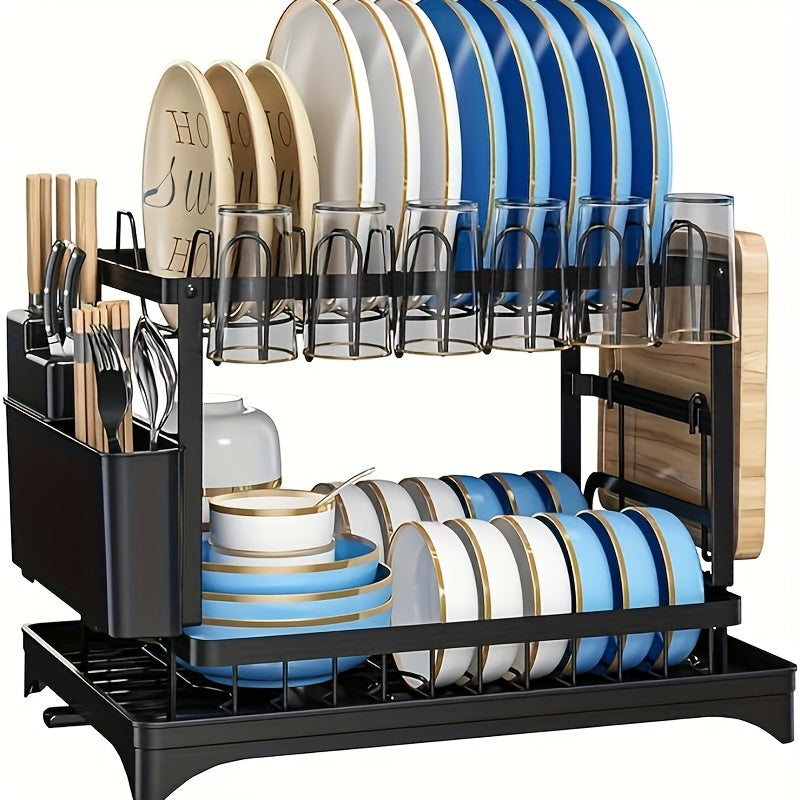 2-Tier Große Edelstahl Geschirr Trocken Rack mit Abtropfbrett – Schwarzer Geschirrständer für Küchentheke – Inklusive Platz für Geschirr, Messer, Tassen, Schneidebrett