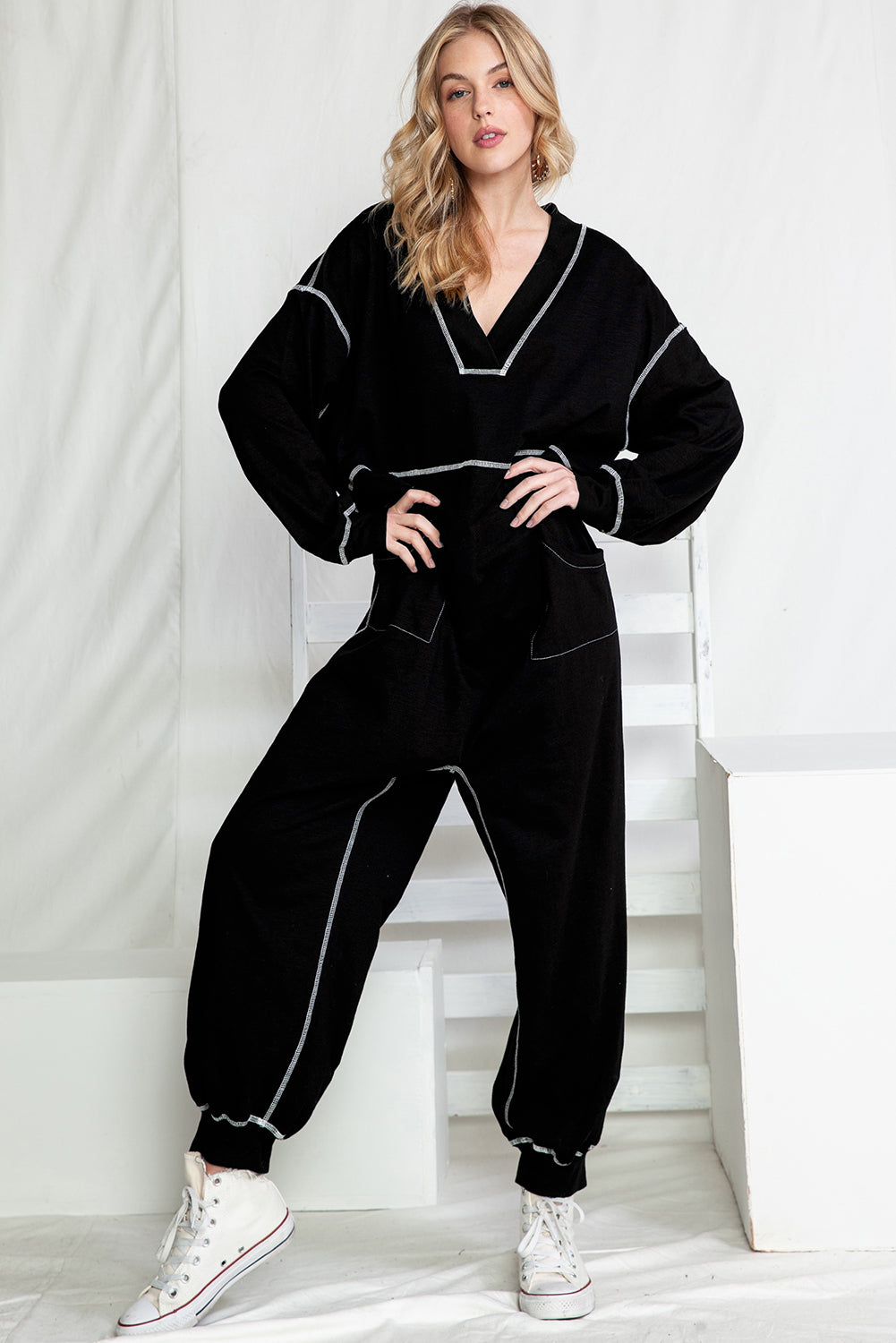 Schwarzer Exponierter Naht Übergroßer Drop Waist Jumpsuit