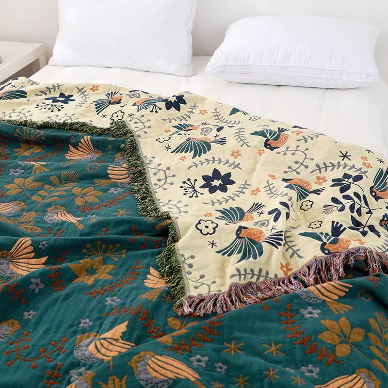 Boho Atmungsaktive Wendedecke mit Blumen und Vögeln
