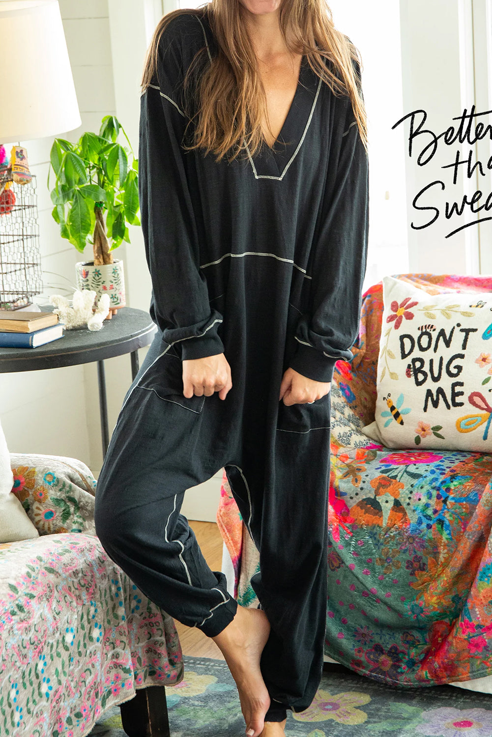 Schwarzer Exponierter Naht Übergroßer Drop Waist Jumpsuit