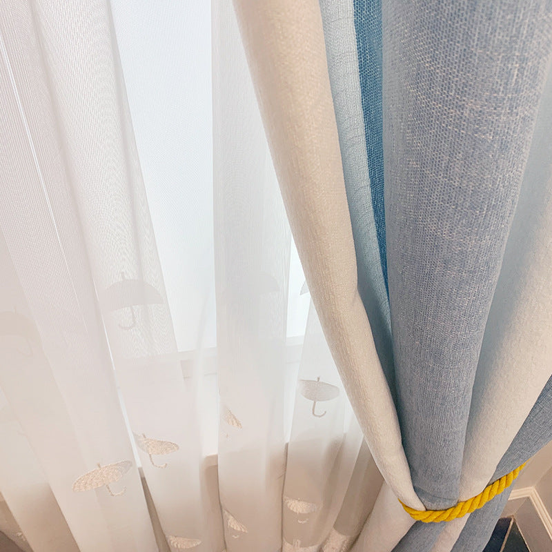 Schlichter, leichter, luxuriöser Chenille-Vorhang aus Wolkengarn für Kinderzimmer, blau-weiß gestreift